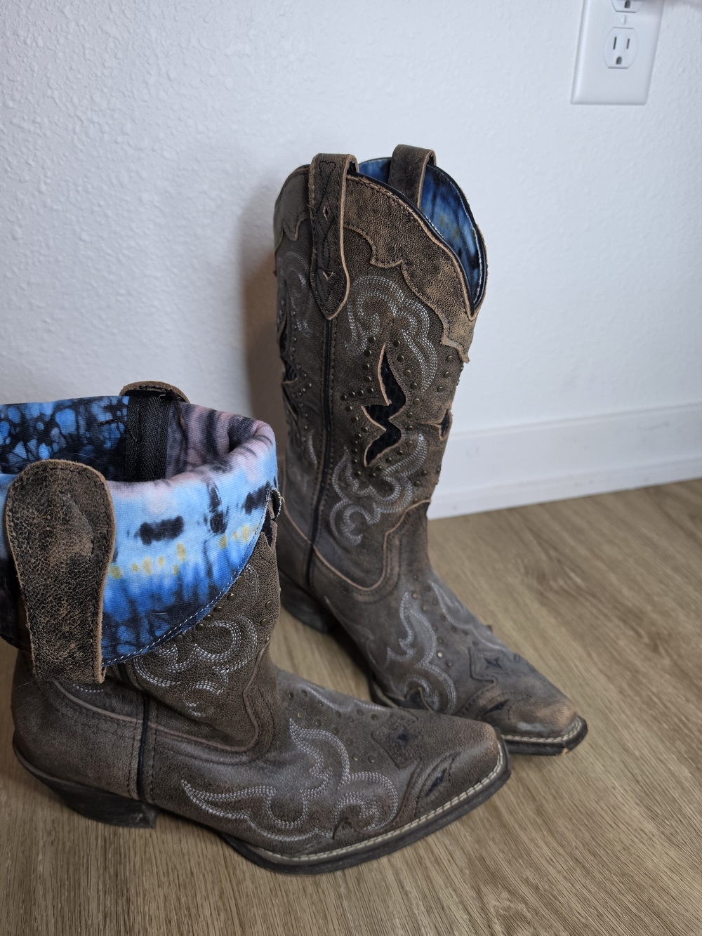 Laredo Brown Distressed Leather Western Boots with Blue Tie-Dye Cuff